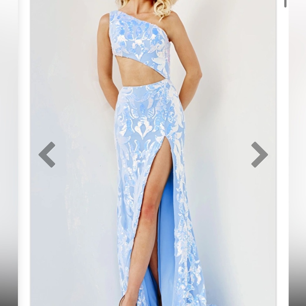 purple Sequin Jovani 22853 Shoulder High Slit Dress